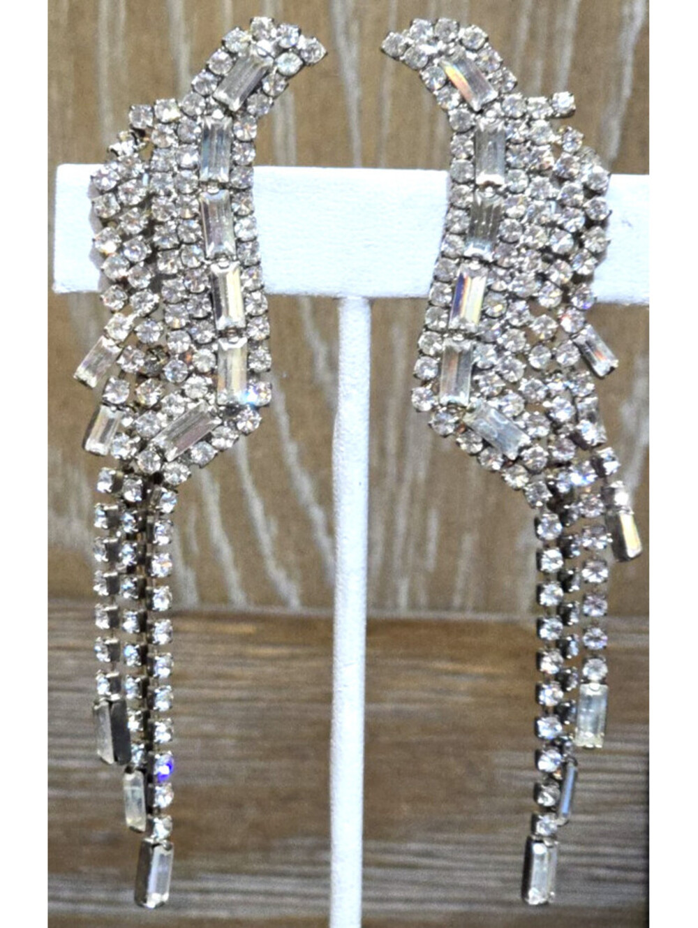Runway Style Rhinestone Clip Earrings Fringed Cascading Wing
